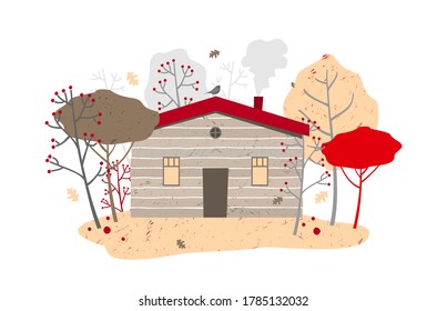 Wooden house with heating among autumn trees, leaf fall. Vector illustration in a flat style on a white background isolated.