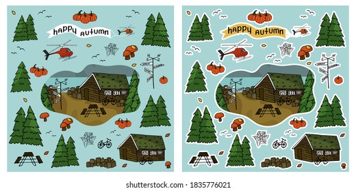 Wooden house, helicopter, Christmas trees, forest, inscription Happy Autumn, spider web, pumpkins, bench and chairs, bike stuff isolated on a blue background for stickers with white border