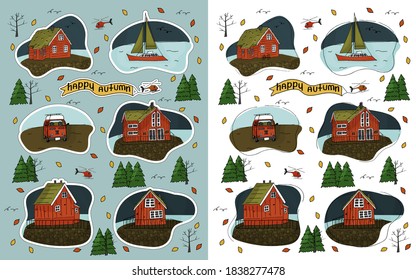 Wooden house, helicopter, Christmas trees, forest, inscription Happy Autumn, yacht, caravan, travel trailer, camper or camper trailer and bike stuff isolated on a blue background for stickers