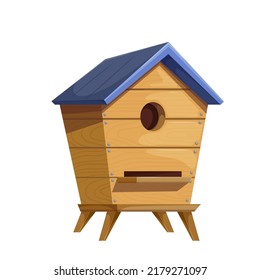 Wooden house for honey bees vector illustration. Cartoon isolated cute garden home and hive for swarm of honeybees, outdoor hotel for summer and spring insects and bugs, beehive and nest wood box