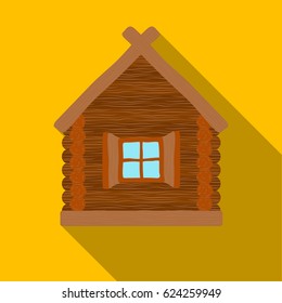 Wooden house icon in flat style isolated on yellow background. Russian country symbol stock vector illustration.