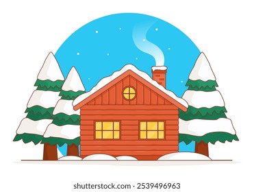 A wooden house icon illustration with a snow-covered roof sits amidst a snowy forest. Smoke billows from the chimney, adding warmth to the winter scene. Perfect for winter-themed designs and holiday