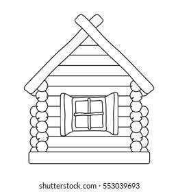 Wooden house icon in outline style isolated on white background. Russian country symbol stock vector illustration.