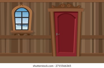 Wooden House Inside Background Vector, Winter Weather Wooden Home Inside, Door, Window, Wooden Wall, Vector Background, Illustration