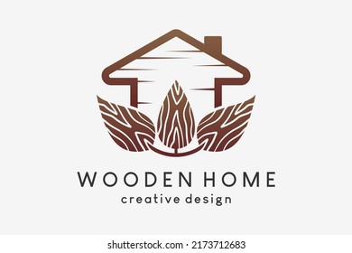 A wooden house logo design combined with a leaf icon in a creative wood motif concept