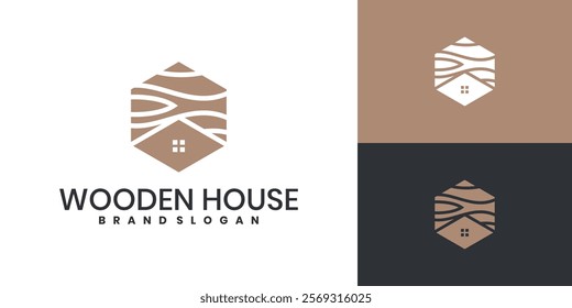 Wooden house logo design with unique hexagon shape concept