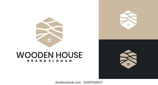 Wooden house logo design with unique hexagon shape concept