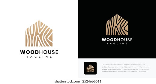 Wooden house logo design vector illustration. House wood grain texture logo icon.	