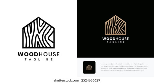 Wooden house logo design vector illustration. House wood grain texture logo icon.	