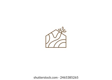 Wooden house logo with leaf decoration in minimalist line design concept