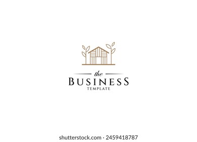 wooden house logo with tree in line art design style