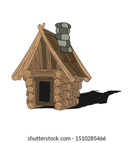 Wooden house made of logs and stone chimney. Isolated on white background with shadow.