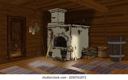 Wooden house from magical fairy tale in the forest. Illustration of surreal Baba Yaga hut on chicken legs in wood. Supernatural rustic cottage model. Slavic folklore, Russian mythology.