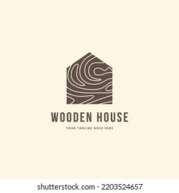 Wooden house minimal flat logo. Home icon with abstract wood contour lines illustration. Isolated object on background