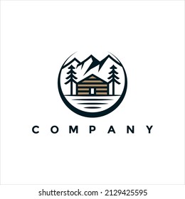 Wooden house and mountain logo design illustration for your business