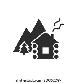 Wooden house and mountains icon. Monochrome black and white symbol