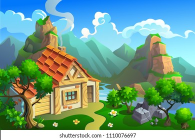 Wooden house in mountians. Vector landscape. 