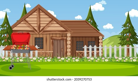 Wooden house in nature scene with barbecue grill stove illustration