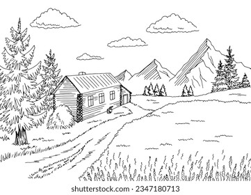 Wooden house near the field graphic black white rural landscape sketch illustration vector