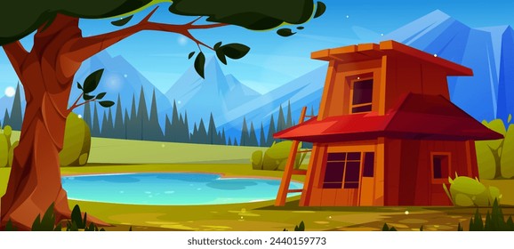 Wooden house near lake in mountain valley. Vector cartoon illustration of shabby rural cottage near blue water surrounded by old tree, green grass, bushes, beautiful summer travel scenery, sunny sky