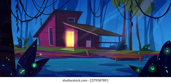 Wooden house near lake in night forest. Vector cartoon illustration of rustic hut with warm light in door, pier on dark water, lianas on tropical trees, neon green fireflies shimmering in darkness