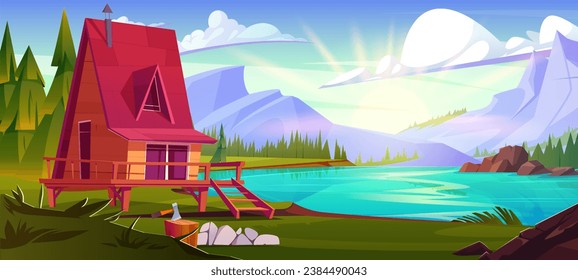 Holzhaus in der Nähe des Bergsees. Vektorgrafik-Illustration ländlicher Hütte mit Veranda im grünen Tal, Axt und Login Hof, Tannenwald, Sonnenaufgang und leuchtend blauer Himmel am Horizont