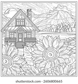 Wooden house near the mountains and sunflowers in the frame.Coloring book antistress for children and adults. Illustration isolated on white background.Zen-tangle style. Hand draw
