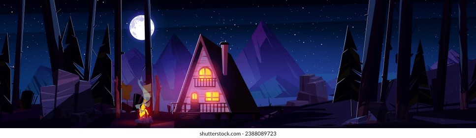 Casa de madera cerca del río del bosque nocturno. Dibujo vectorial de una acogedora casa de campo con fuego de hoguera cerca del porche y luz amarilla cálida en las ventanas, chimenea en el techo, estrellas y luna llena brillando en el cielo de medianoche