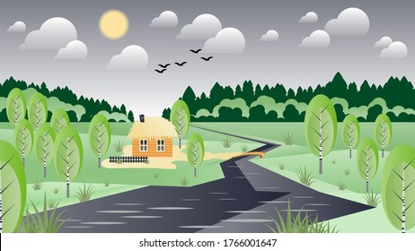 wooden house near the river, grass fields and hills with birch trees and bushes against the background of the forest, the sky with the sun, clouds, silhouettes of flying birds. rustic flat landscape.