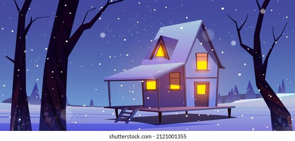 Wooden house night in winter forest. Old snow swept shack with glowing windows surrounded with bare trees stand under falling snowflakes. Forester hut, pc game background, Cartoon vector illustration