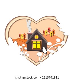 Wooden house on autumn background on heart shape Vector