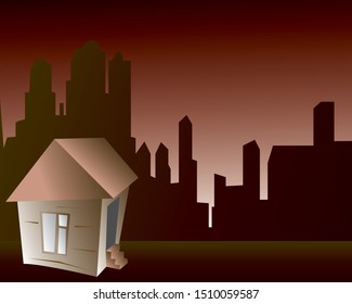 
wooden house on the background of the city
