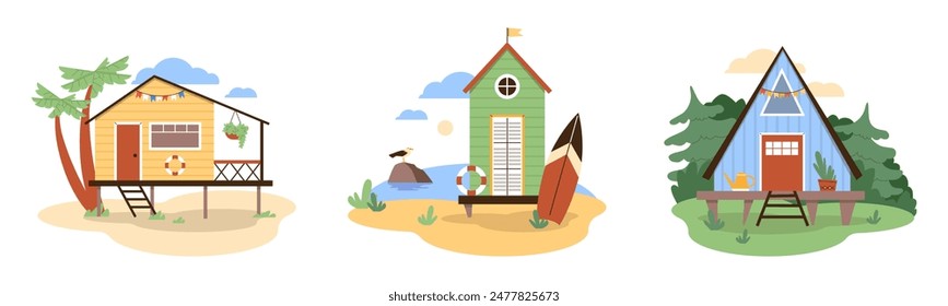 Wooden house on the beach, river, forest vector illustrations set. Dwelling hut, bungalow lodge in nature. Raised building with stairs and flags. Flat coast cottage cabin exterior