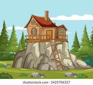 Casa de madera en una roca rodeada de árboles