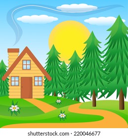 wooden house on a green lawn near the forest,vector illustration