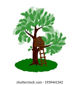 Wooden house on a green tree isolated on white background vector illustration