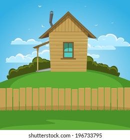 Wooden house on the hill, cartoon illustration.