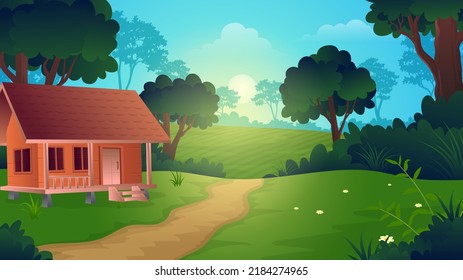 Wooden house on a hill with shady trees, footpath and plantation land vector illustration