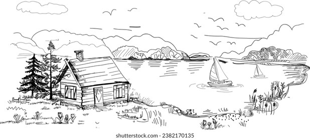Wooden house on the lake, sailboats floating, beautiful landscape. Tourist cottages for rent