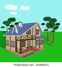 wooden house on a lawn on a background of blue sky