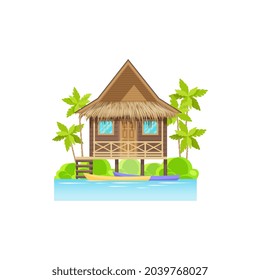 Wooden house on sea or ocean with canoe boats, palm trees isolated. Vector modern beach building, villa seashore bungalow. Mansion tropical hut on seaside of island at maldives or caribbean costs