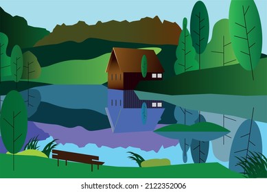 wooden house on the shore of a forest lake