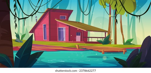 Wooden house on shore of lake or river in forest. Cartoon landscape with trees and bushes, water pond and cozy wood cabin or countryside chalet with pier for fishing. Shack for camping and vacation.