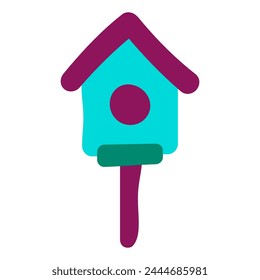 Wooden house on stick for first spring birds. Bright childish careless illustration for design of festive spring banner. Flat hand drawn vector element isolated on white background