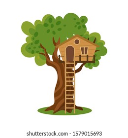 Wooden house on tree with ladder to ground vector illustration