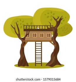 Wooden house on tree trunks with ladder vector illustration