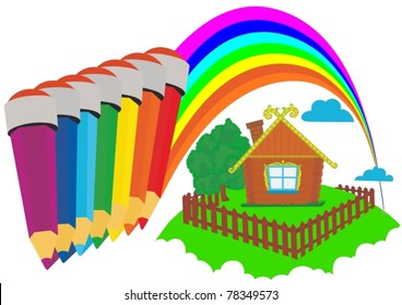 A wooden house on which painted a rainbow of colored pencils.