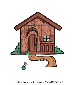 Wooden house on white background Cute Cartoon Vector illustration