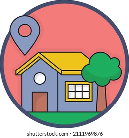 Wooden House with Pin Location and Tree Concept Vector Color Icon Design, urban and suburban house Symbol, Real Estate and Property Sign, Apartment and Mortgage Stock illustration