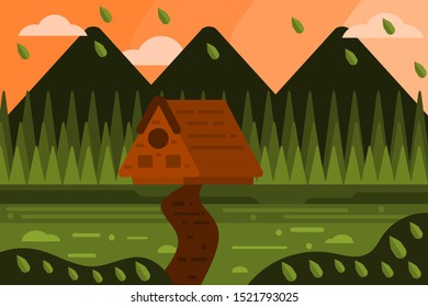 Wooden house in the pine forest with falling leaf flat design vector.